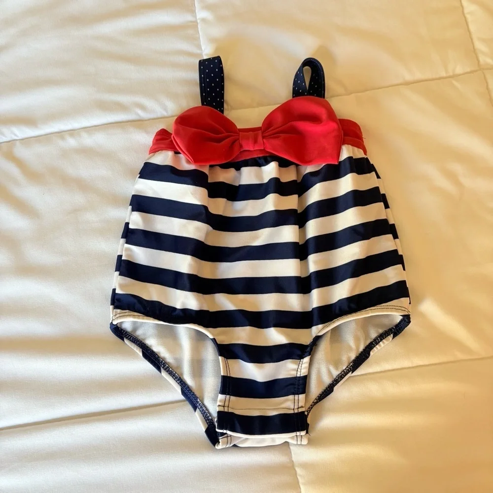 Cat & Jack Girls Navy and White Striped Red Bow One-Piece Swimsuit